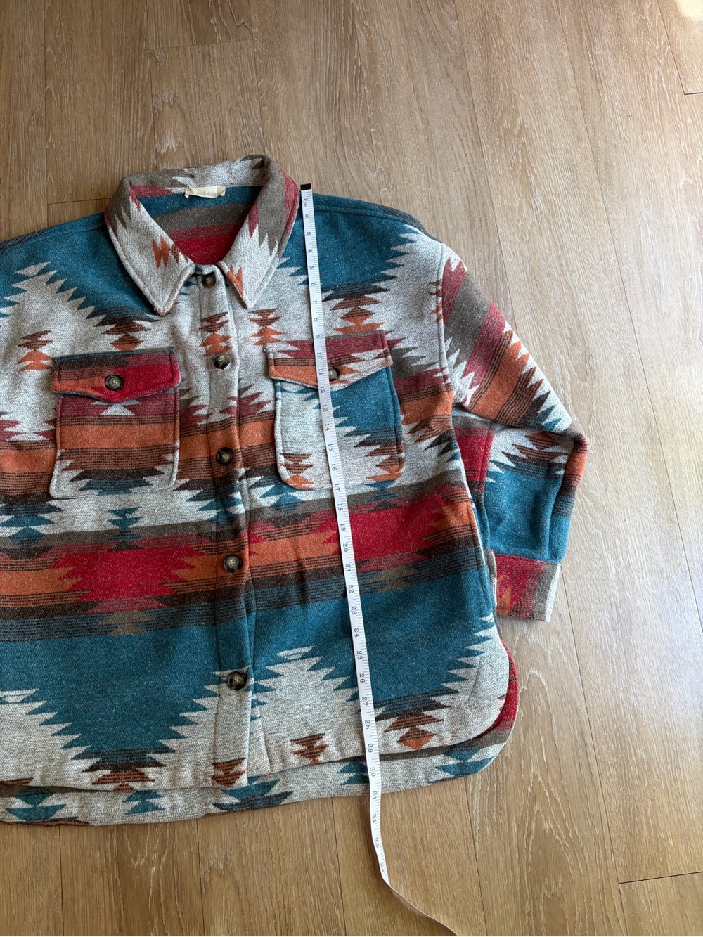 Altar’d State Aztec Pattern Button-Up Jacket/ Shacket in Teal & Rust - Picture 9 of 9